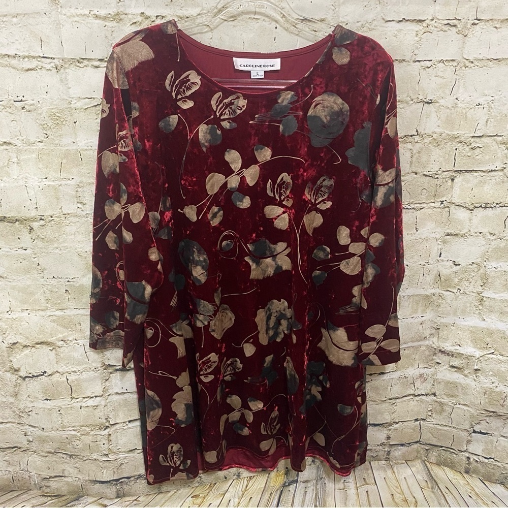 Caroline Rose Maroon Burgundy Velvet Floral 3/4 Sleeve A Line Swing Dress